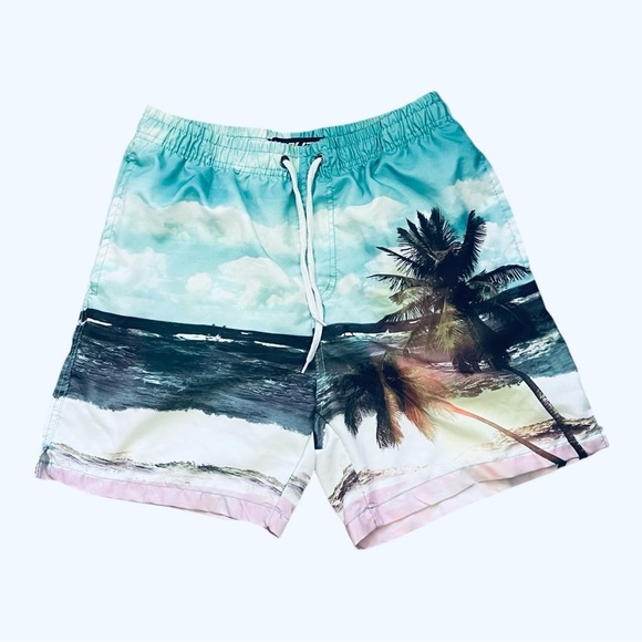 B.Split Swim Trunks Men L multicolored tropical beach print lined elastic waist - Picture 2 of 13